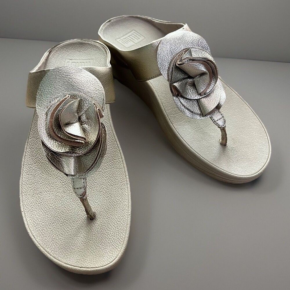 FitFlop 9 Florrie Gold Leather Comfort Wedge Sandal Arch Support Padded Footbed
